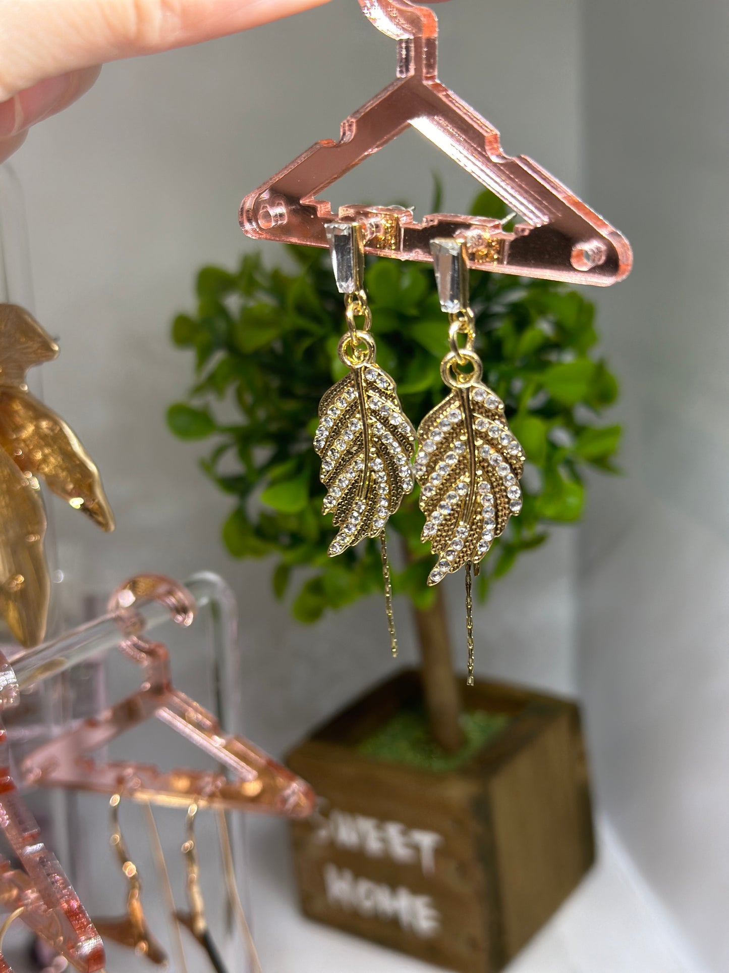 Golden leaf earrings with glitter rhinestones | gold chain earrings | elegant statement earrings | bridal party earrings