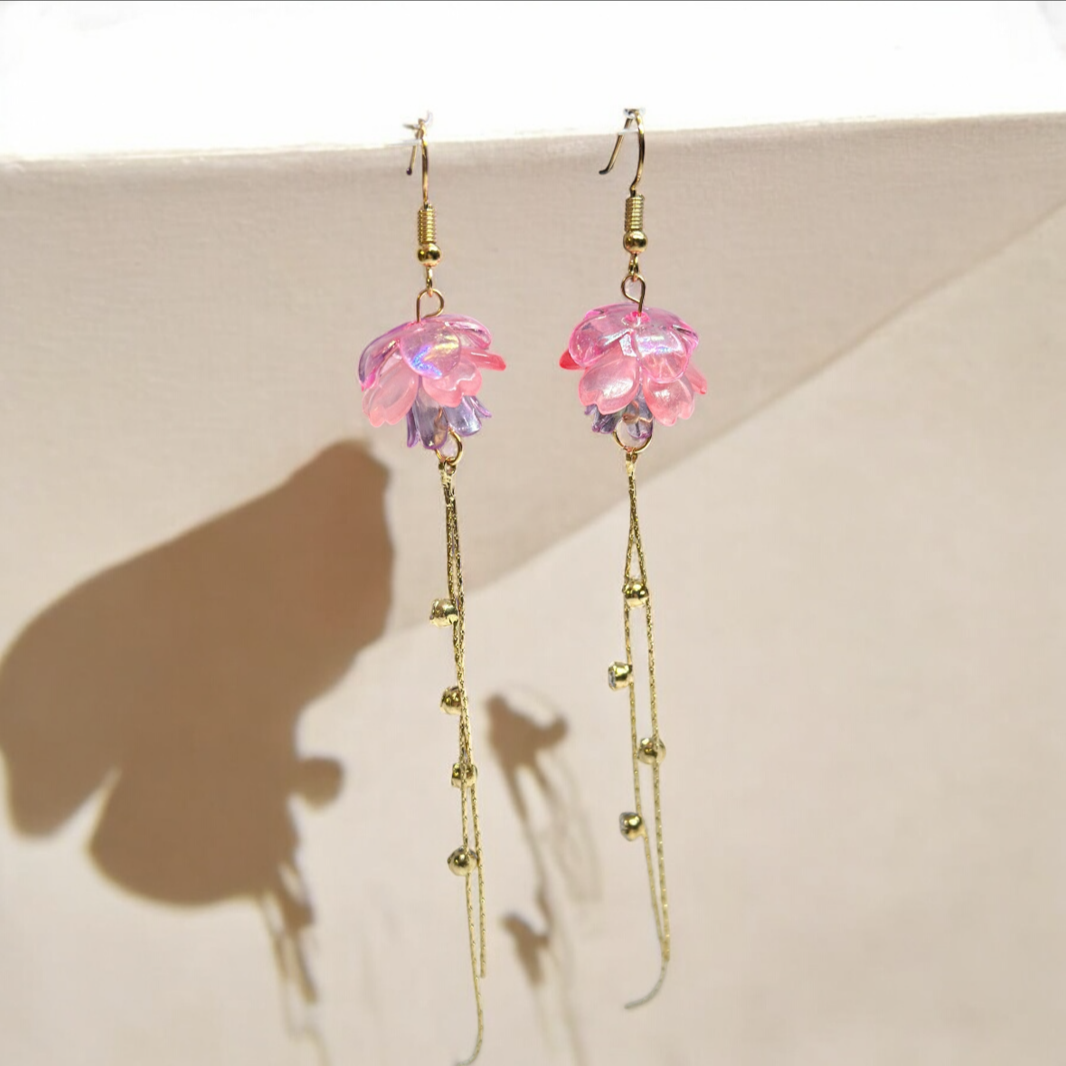 Sakura earrings | golden leaf mini flower earrings | elegant floral dangle chain earrings