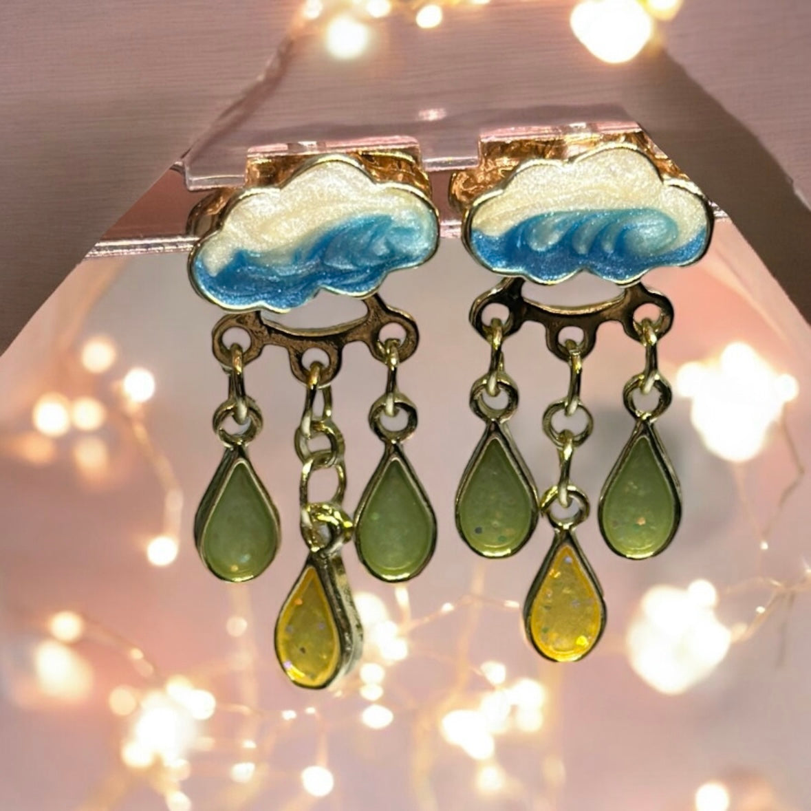 Celestial statement earrings | cloud and thunder rhinestone beads earrings | Galaxy dangle earrings | enamel white stormy cloud