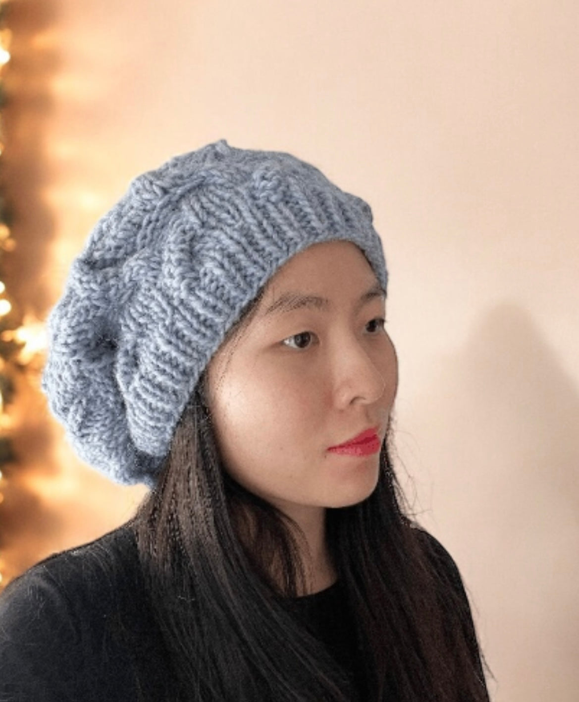 Handknit Cable Slouchy Beanie | Knit Beret | Slouchy Hat in blue colour| Knit beanie in ice blue | Fluffy and cozy winter hat