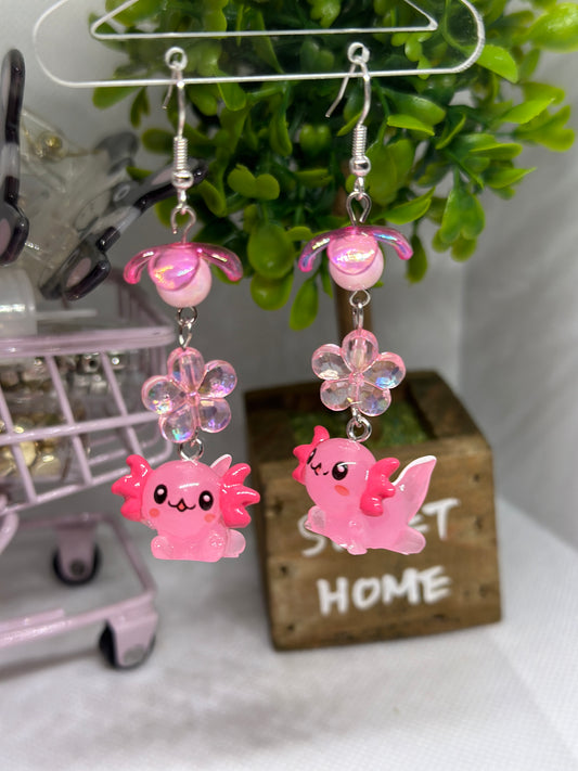 Pink Axolotl earrings | 3d dangle earrings | sea creature earrings