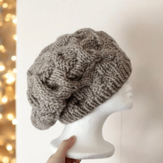 Handknit Cable Slouchy Beanie | Knit Beret | Slouchy Hat in stone | Knit beanie in dark beige | Fluffy cozy winter hat