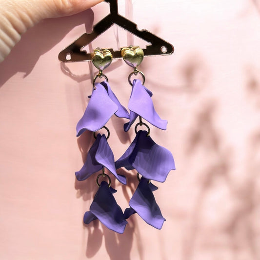 Lilac purple flower earrings |dangly earrings | matte petals colour statement earrings | unique gold geometric floral earrings