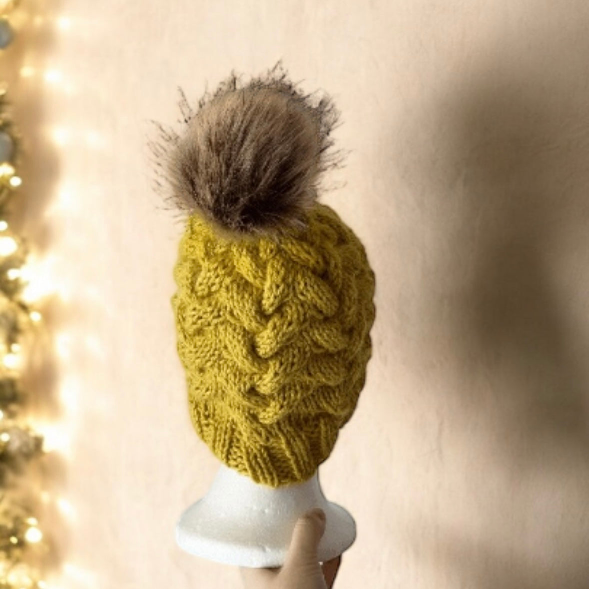 Handknit Cable Brim Beanie | Knit Beret | Slouchy Hat in mustard | Knit beanie in yellow | Fluffy cozy fur pom pom winter hat