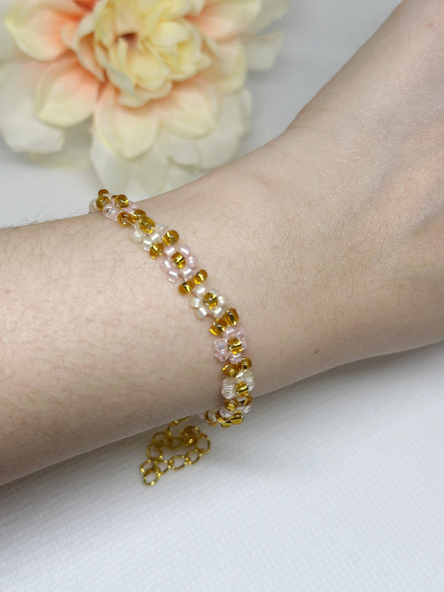 Pink or Purple Beaded bracelet with daisy pattern | golden colour chain | shinny decor bracelet |