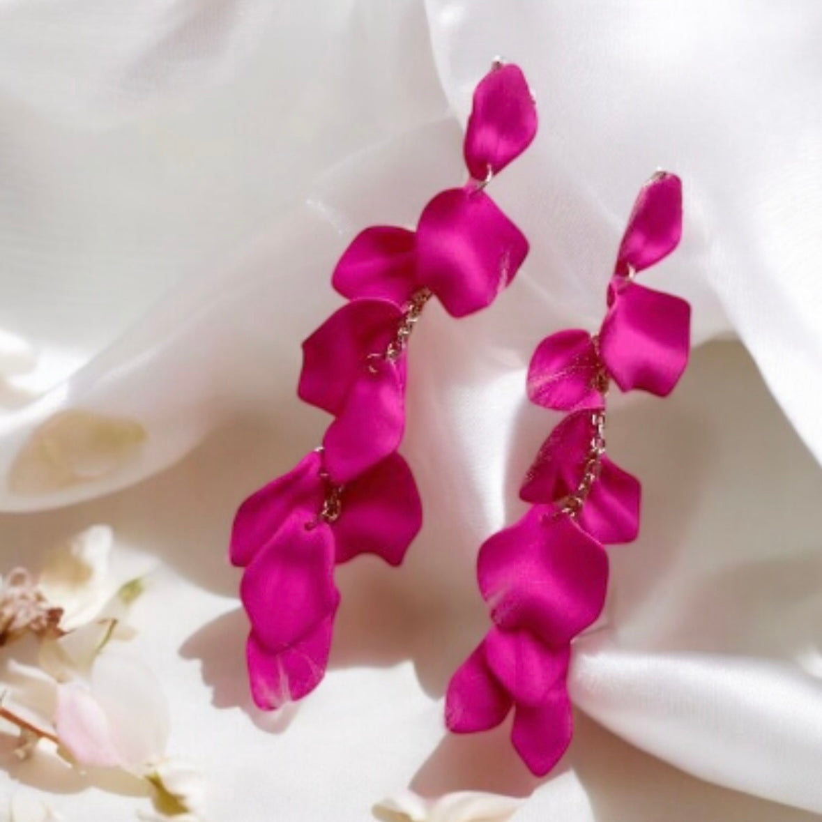 Bright Pink flower earrings | dangle petals baroque earrings | unique gold floral earrings | bridal party wedding earrings