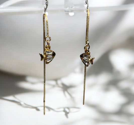 Golden fish dangle threader earrings | chain rhinestone dangle earrings | minimalist elegant statement earrings | cute kawaii earrings