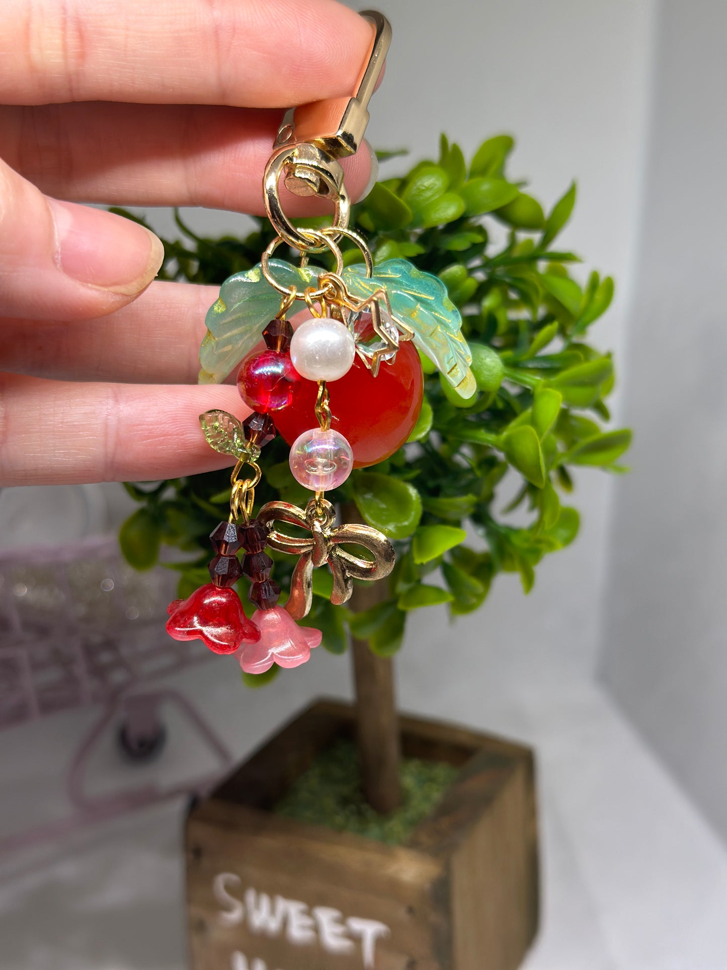 Cherry bag charm | key chain | golden chain with flowers and leaf