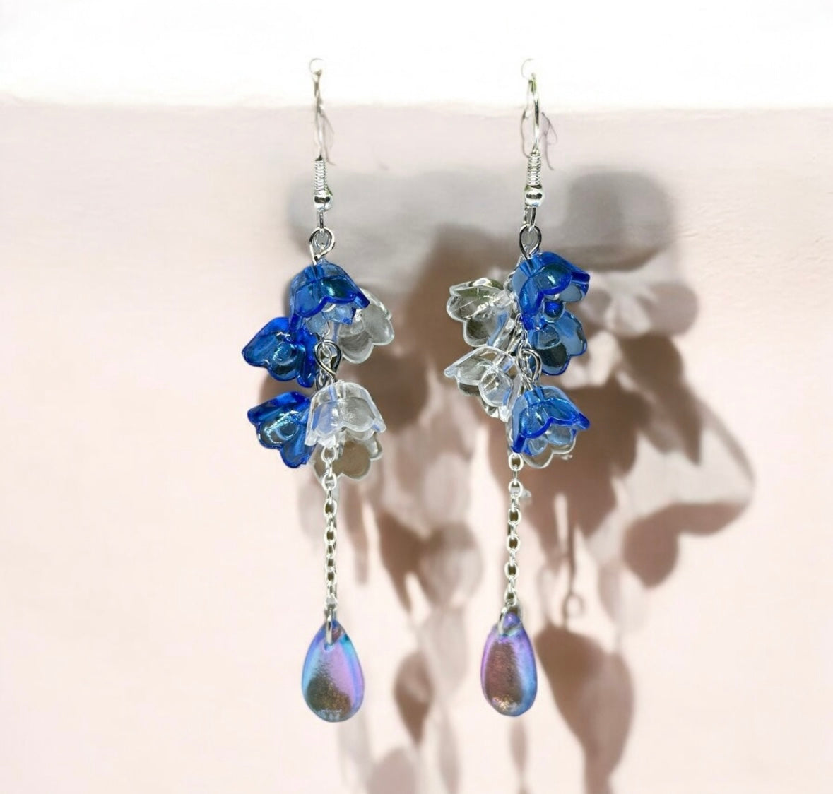 Blue and clear flower earrings | golden leaf mini flower earrings | elegant floral dangle chain earrings