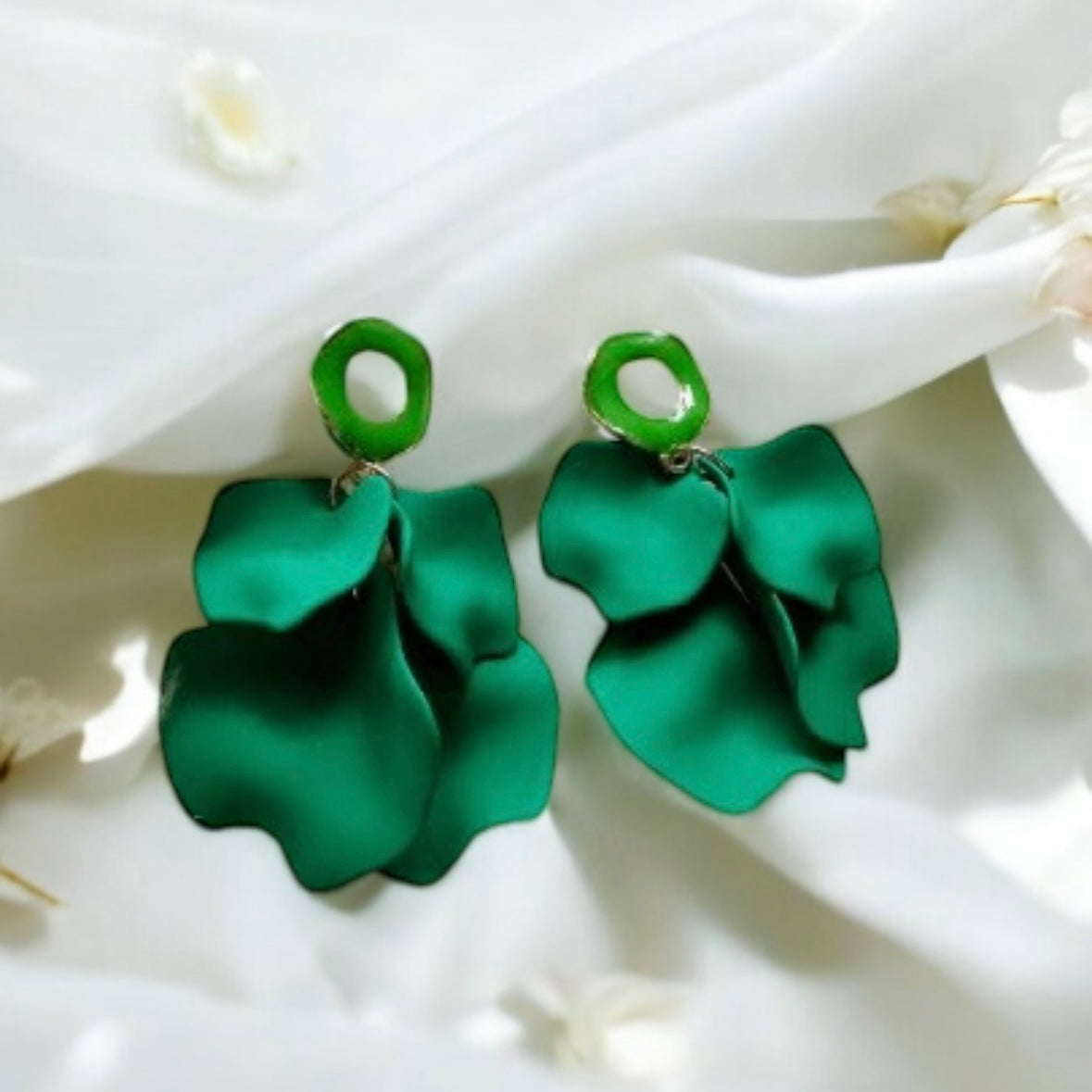 Bright green flower earrings | dangle petals statement earrings | unique golden bar floral earrings | bridal party wedding earrings