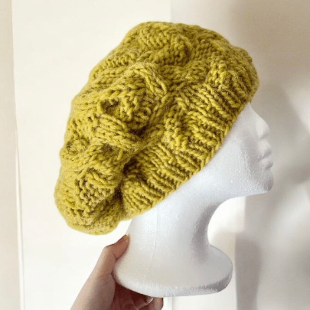 Handknit Cable Slouchy Beanie | Knit Beret | Slouchy Hat in yellow Knit beanie in chartreuse | Fluffy and cozy winter hat