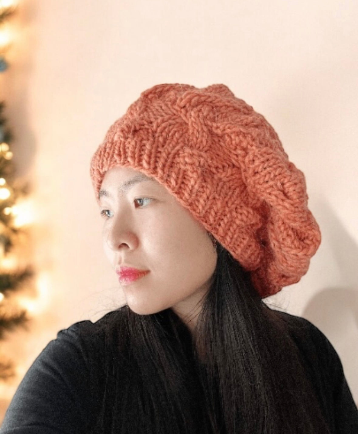 Handknit Cable Slouchy Beanie | Knit Beret | Slouchy Hat in coral orange colour| Knit beanie in peach | Fluffy and cozy winter hat