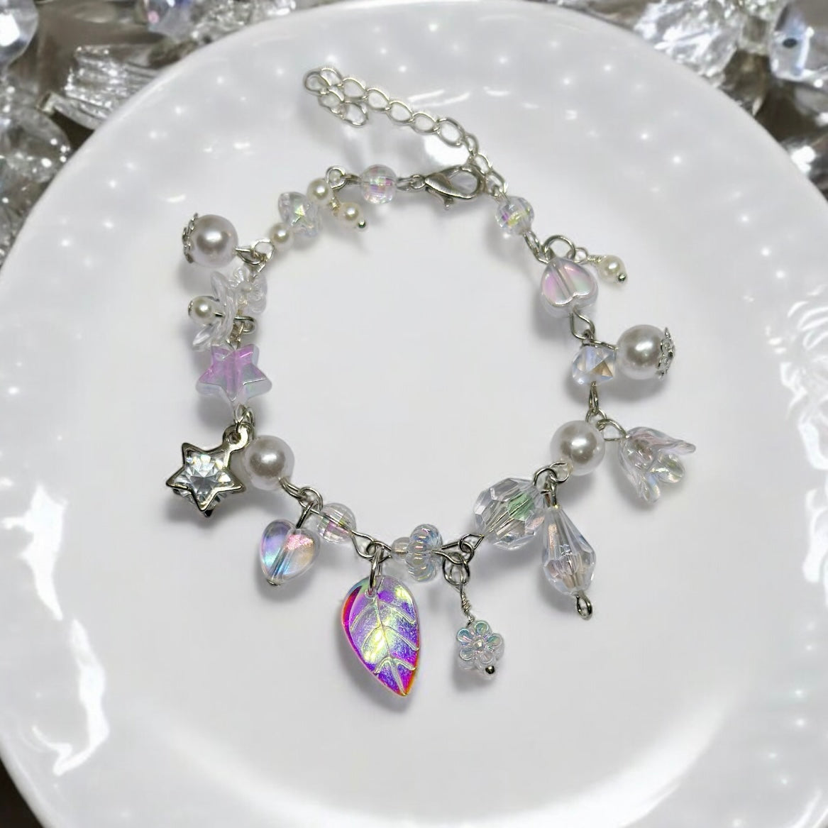 Clear iridescent bracelet with flower and leaf beads | colourful glitter bracelet | y2k 90s style