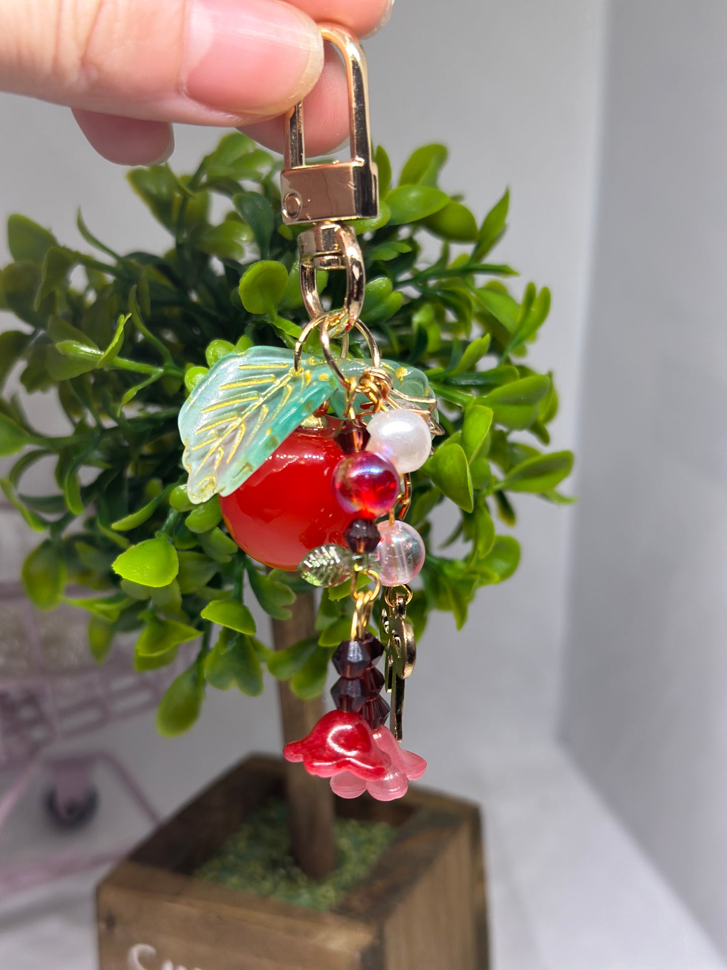 Cherry bag charm | key chain | golden chain with flowers and leaf