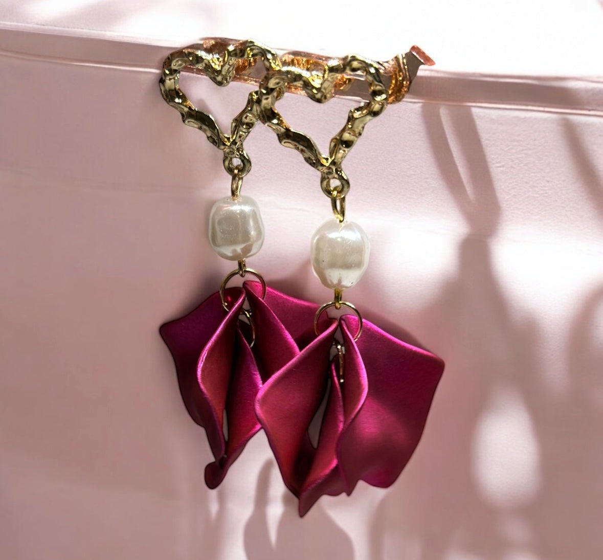 Fuchsia pink flower earrings | heart pearl earrings