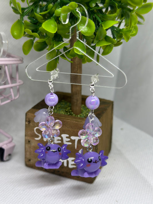 Purple Axolotl earrings | 3d animal dangle earrings | cute kawaii art | sea creature earrings