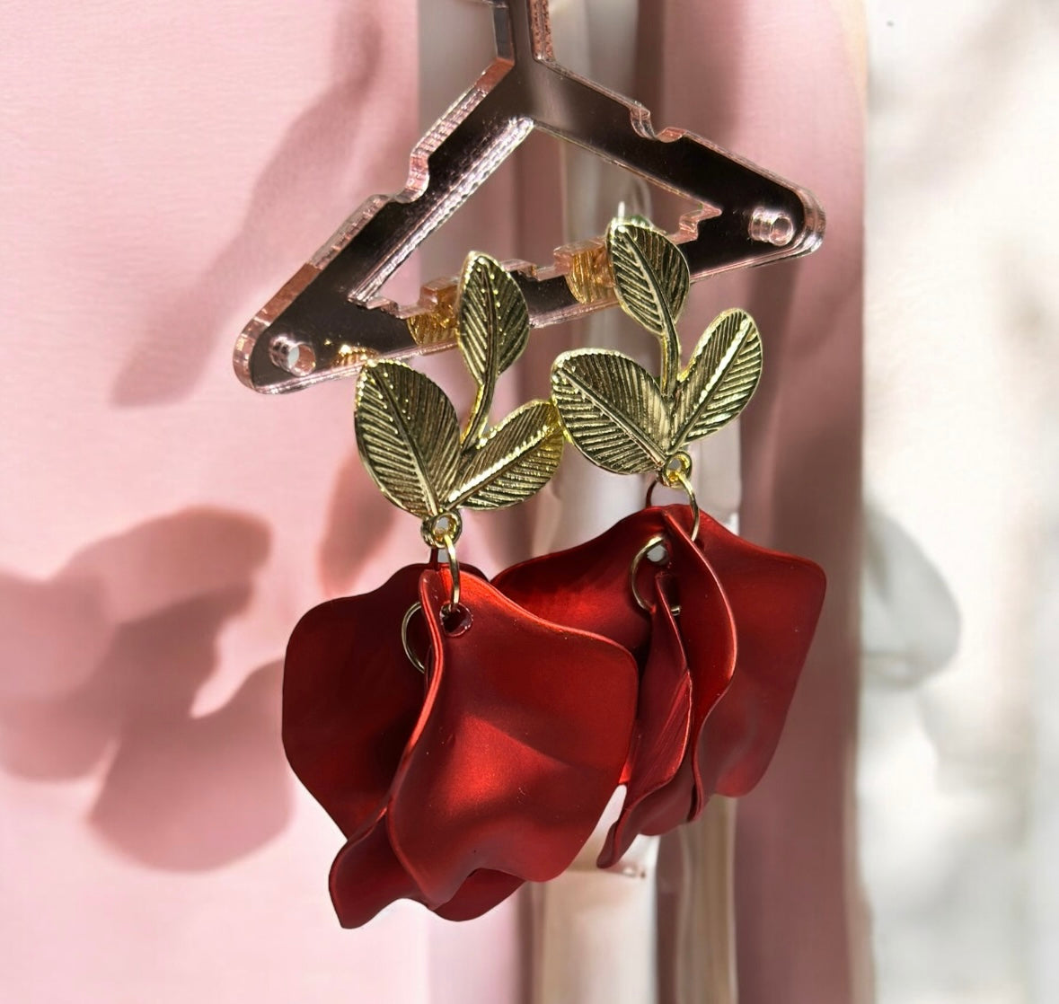 Hot red iridescent flower earrings | golden leaf style