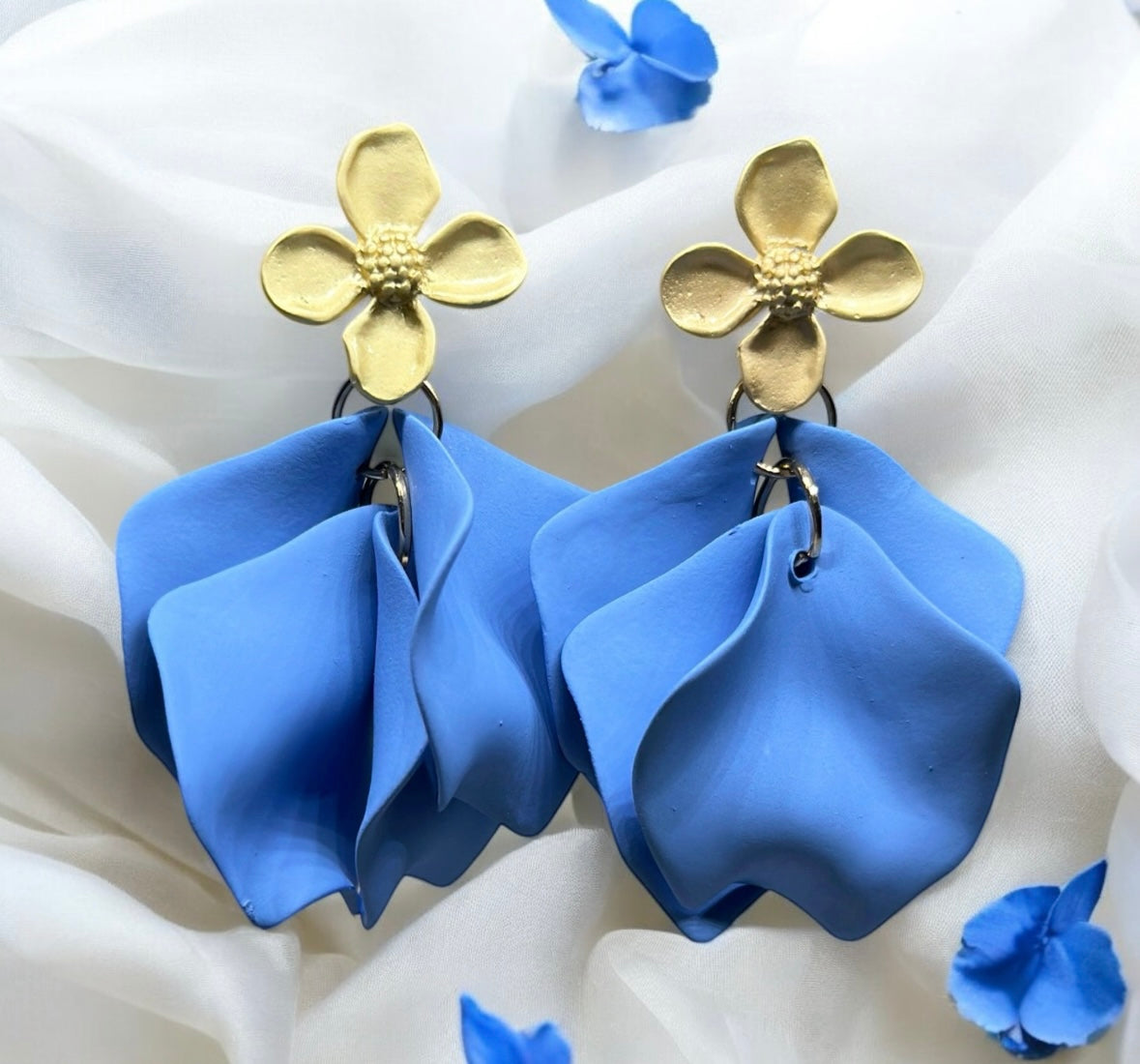 Pastel cornflower blue flower earrings |dangly earrings | matte petals colour statement earrings | unique gold geometric floral earrings