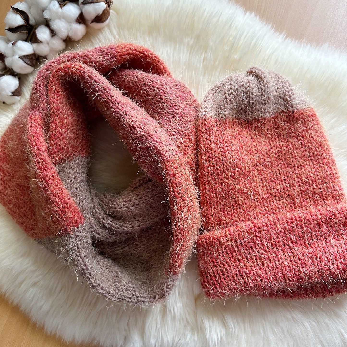 Handmade Double layered Knit beanie and circular scarf set | Winter Knit Hat foldable | matching scarf | soft and cozy (orange)