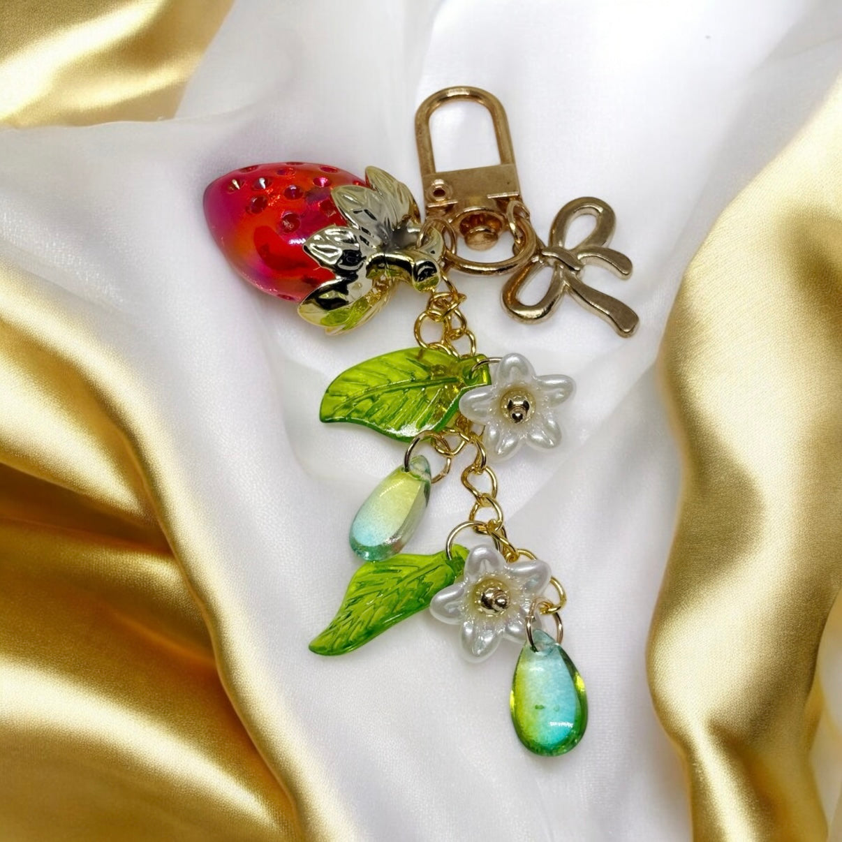 Strawberry bag charm | key chain | golden chain with flowers and leaf