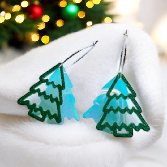 Iridescent Christmas tree earrings | light acetate laser cut | glitter green earrings | christmas party earrings