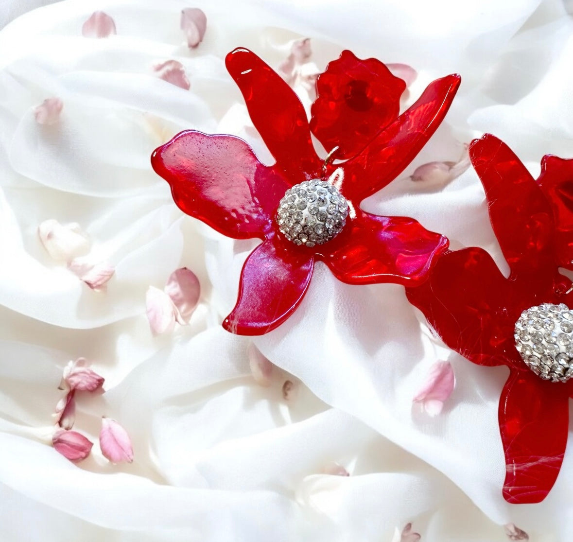 Red Acetate crystal flowers earrings | diamante rhinestones flower earrings | oversize spring blossom | floral statement earrings