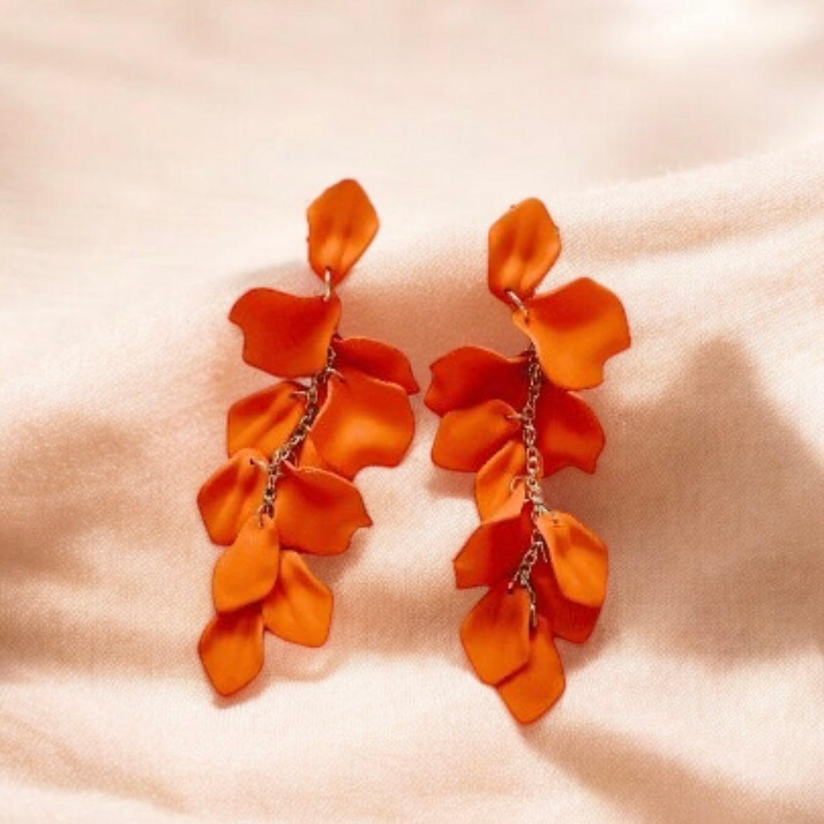 Bright orange flowers earrings | frosted petals hoop earrings | statement earrings | golden crumpled geometric floral bridal earrings