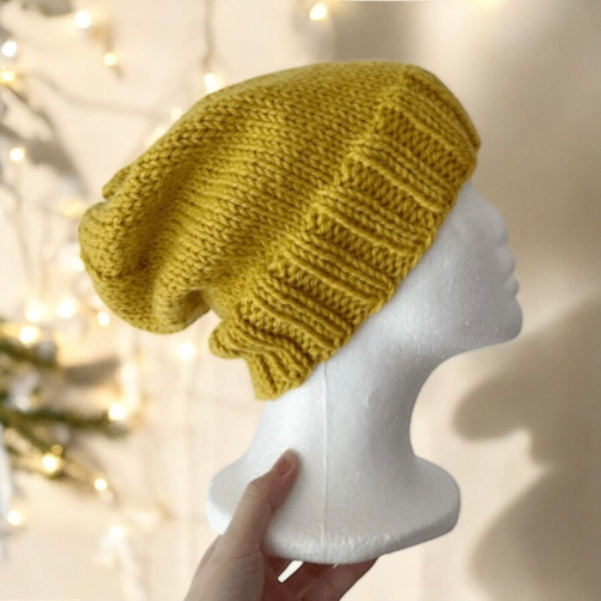 Handknit ribbed brim beanie in mustard|Winter slouchy hat foldable brim |autumn winter style |cozy hat merino blend| men women