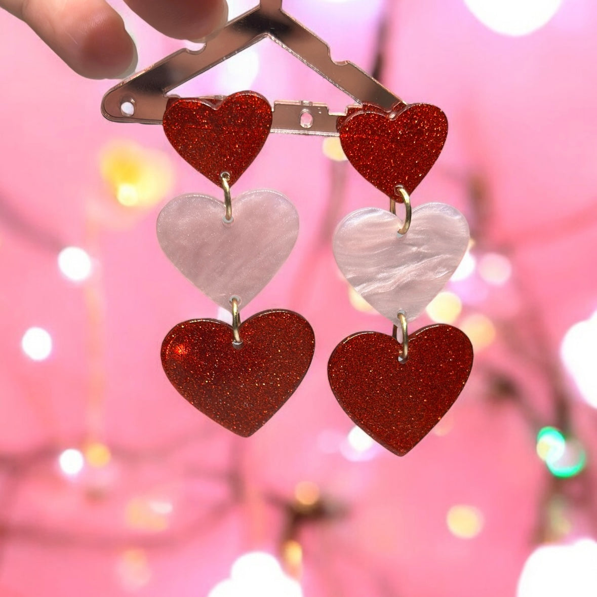 I Heart You | red blue resin triplet heart dangle earrings | Korean earrings | Pink shell earrings | Love Heart drop earrings | valentine