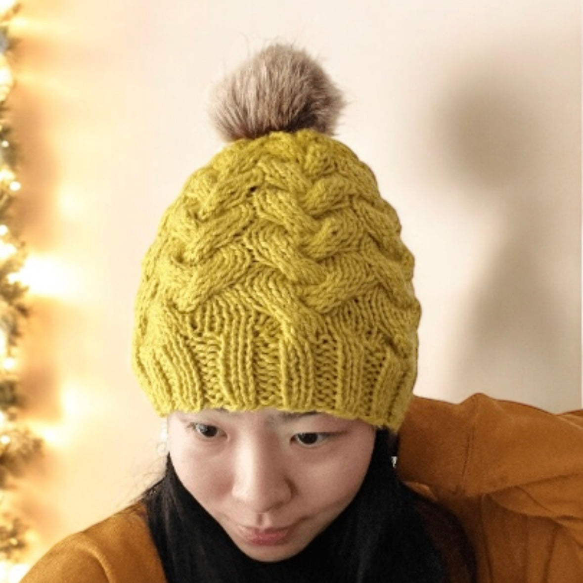 Handknit Cable Brim Beanie | Knit Beret | Slouchy Hat in mustard | Knit beanie in yellow | Fluffy cozy fur pom pom winter hat