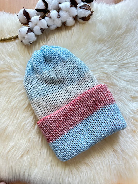 Knitted beanie in blue pink mix | Winter knitted double layered hat | autumn style | cozy winter hat| men or women - TuttyKnitty