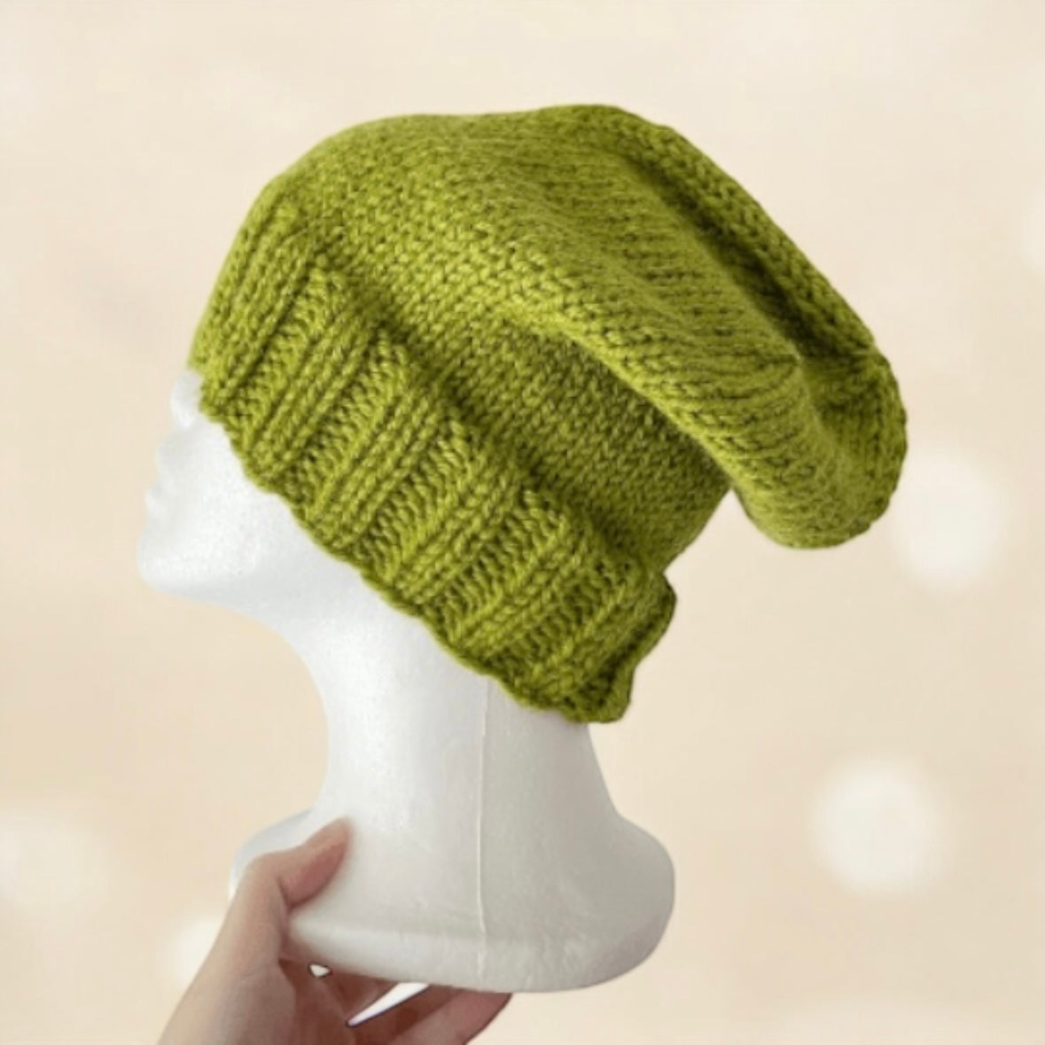 Handknit ribbed brim beanie in green|Winter slouchy hat foldable brim |autumn winter style |cozy hat merino blend| men women