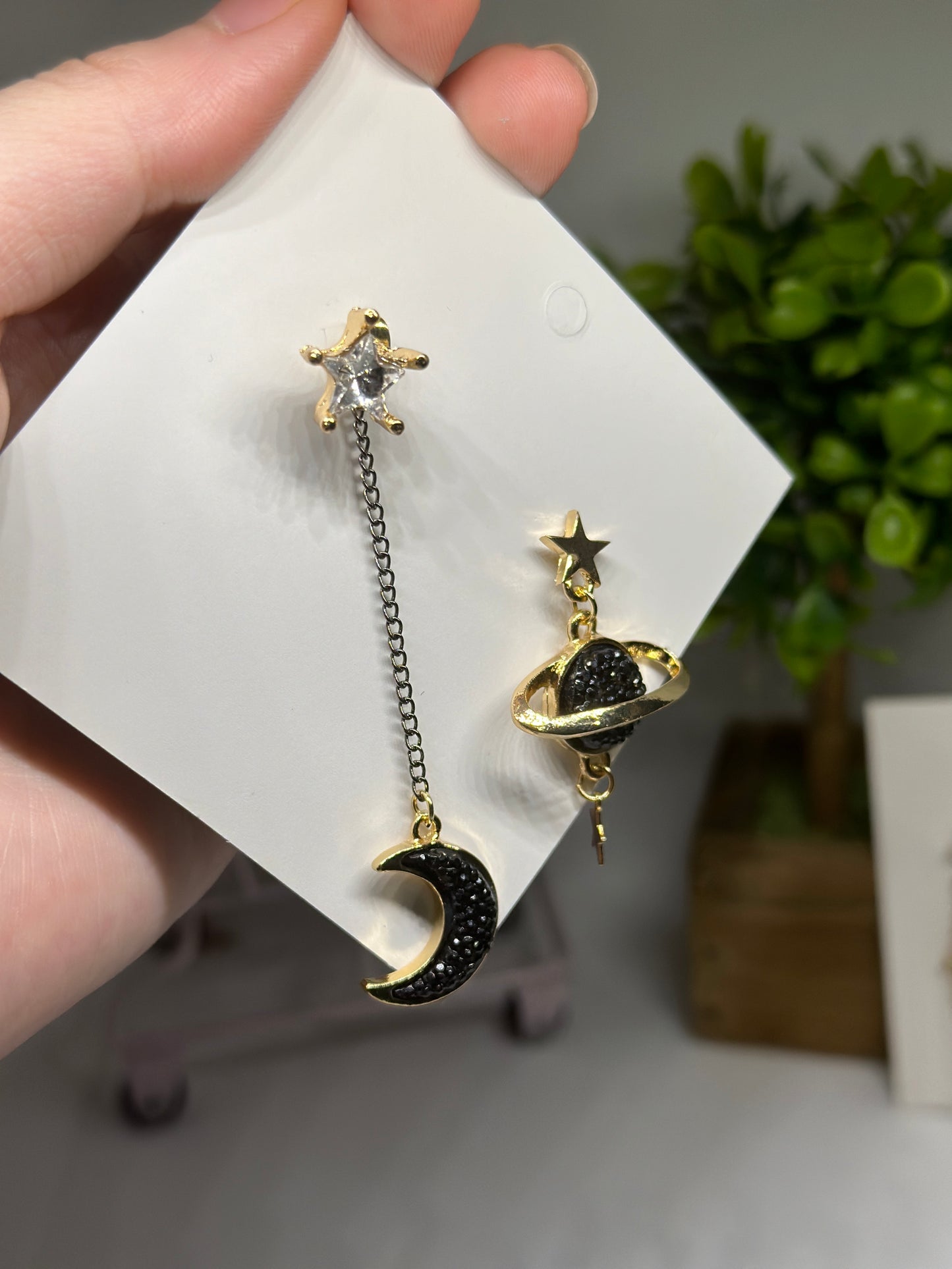 Celestial statement earrings | black diamante moon & stars chain earrings | korean Galaxy planets dangle earrings |gold mismatch earrings