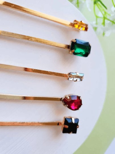 5 pack Colour hair pins with rhinestones resin stones | colourful geometric bobby pins | korean hair accessories | retro hair slides - TuttyKnitty