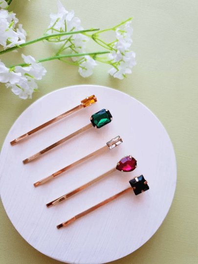 5 pack Colour hair pins with rhinestones resin stones | colourful geometric bobby pins | korean hair accessories | retro hair slides - TuttyKnitty