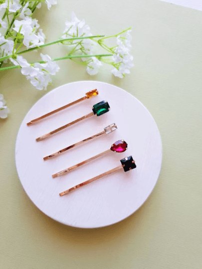 5 pack Colour hair pins with rhinestones resin stones | colourful geometric bobby pins | korean hair accessories | retro hair slides - TuttyKnitty