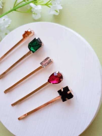 5 pack Colour hair pins with rhinestones resin stones | colourful geometric bobby pins | korean hair accessories | retro hair slides - TuttyKnitty