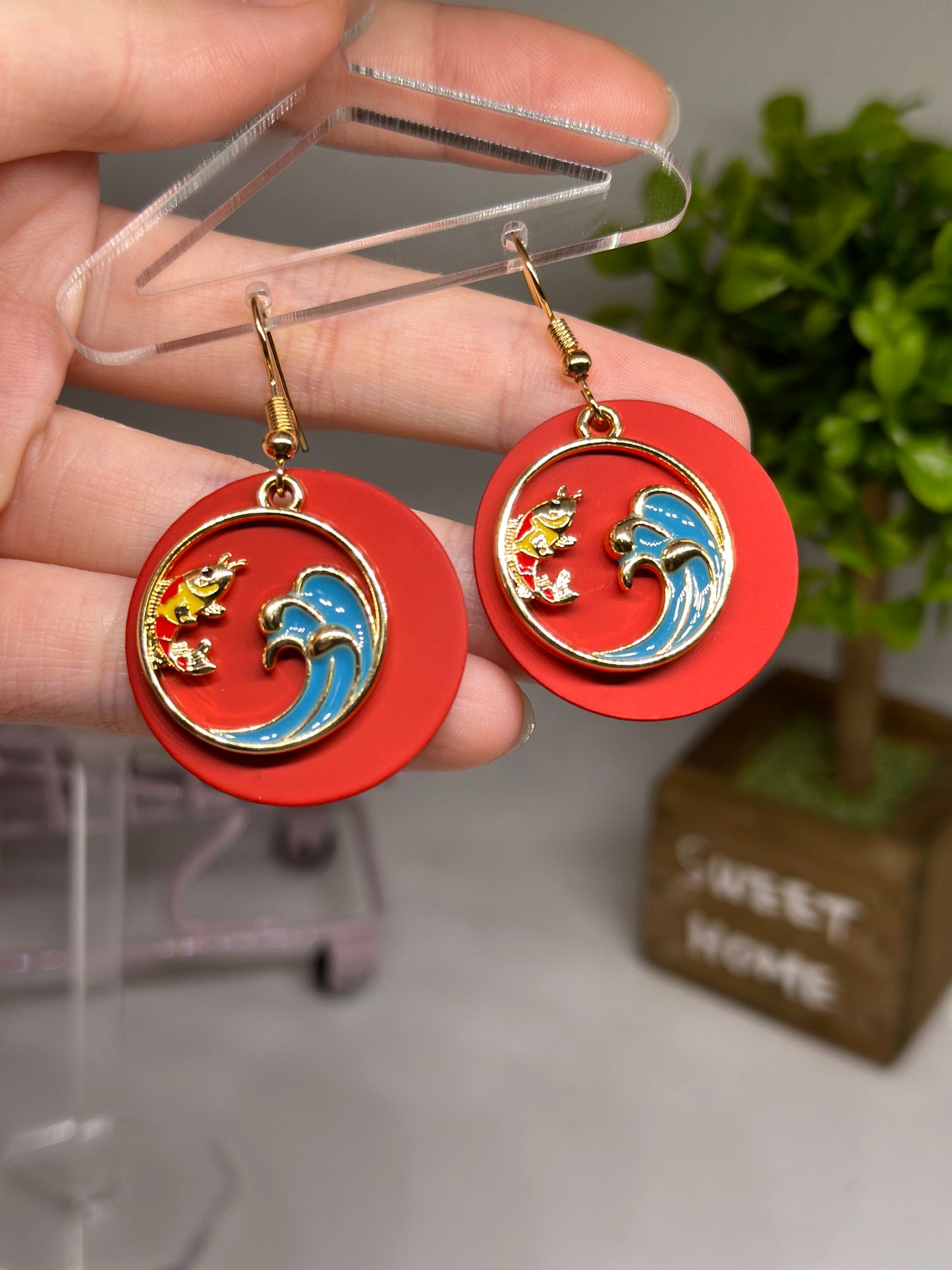 Red Colourful japanese koi fish dangle earrings