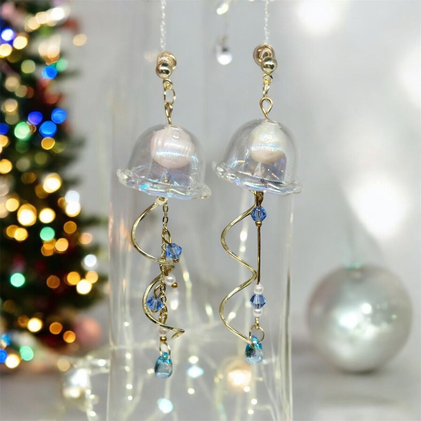 Blue sparkly clear Jellyfish earrings | sea creature zoology earrings | colourful clear iridescent dangle oversize earrings | halgoram earrings