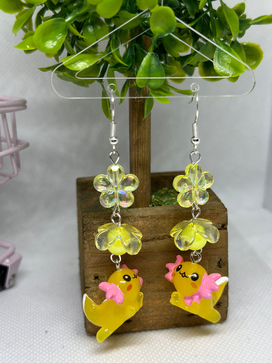 Yellow Axolotl earrings | 3d dangle earrings | sea creature earrings