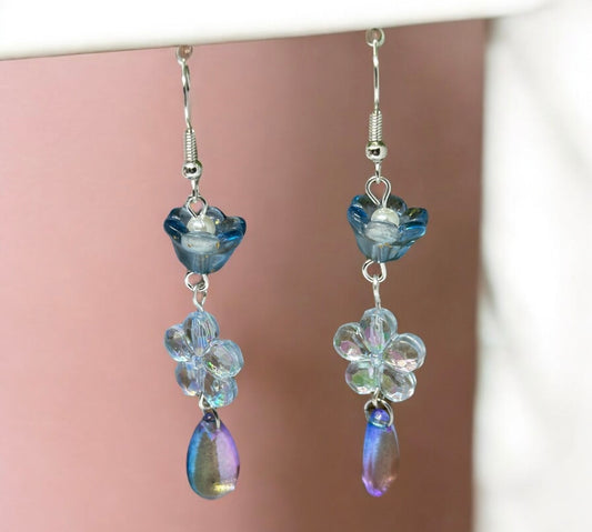 Blue mini flower earrings | elegant floral dangle chain earrings