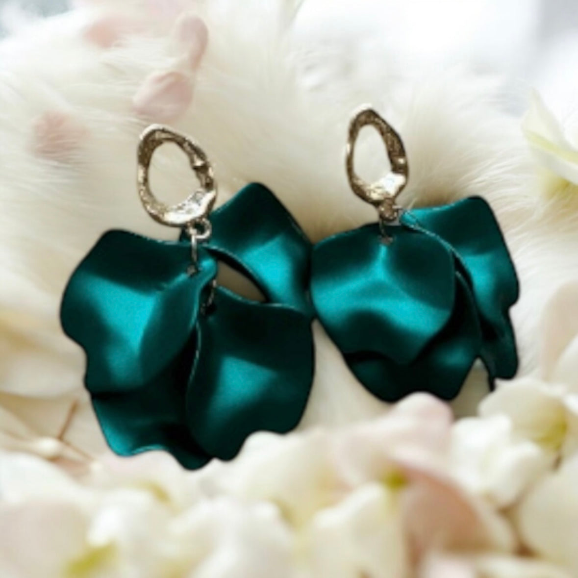 Emerald green iridescent flower earrings |dangly earrings | frosted petals hoop statement earrings | unique gold geometric floral earrings