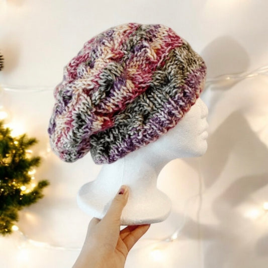 Handknit Cable Slouchy Beanie | Knit Beret |Slouchy Hat in marshmallow wildberry | Knit beanie pink purple | Fluffy chunky cozy winter hat