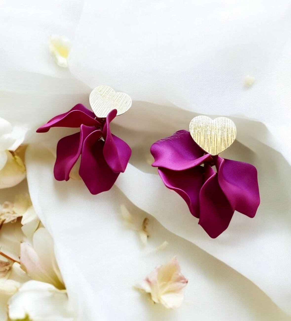 Heart pattern Fuchsia pink flower earrings | dangly earrings | frosted petals hoop oversize statement | golden geometric floral bridal party earrings