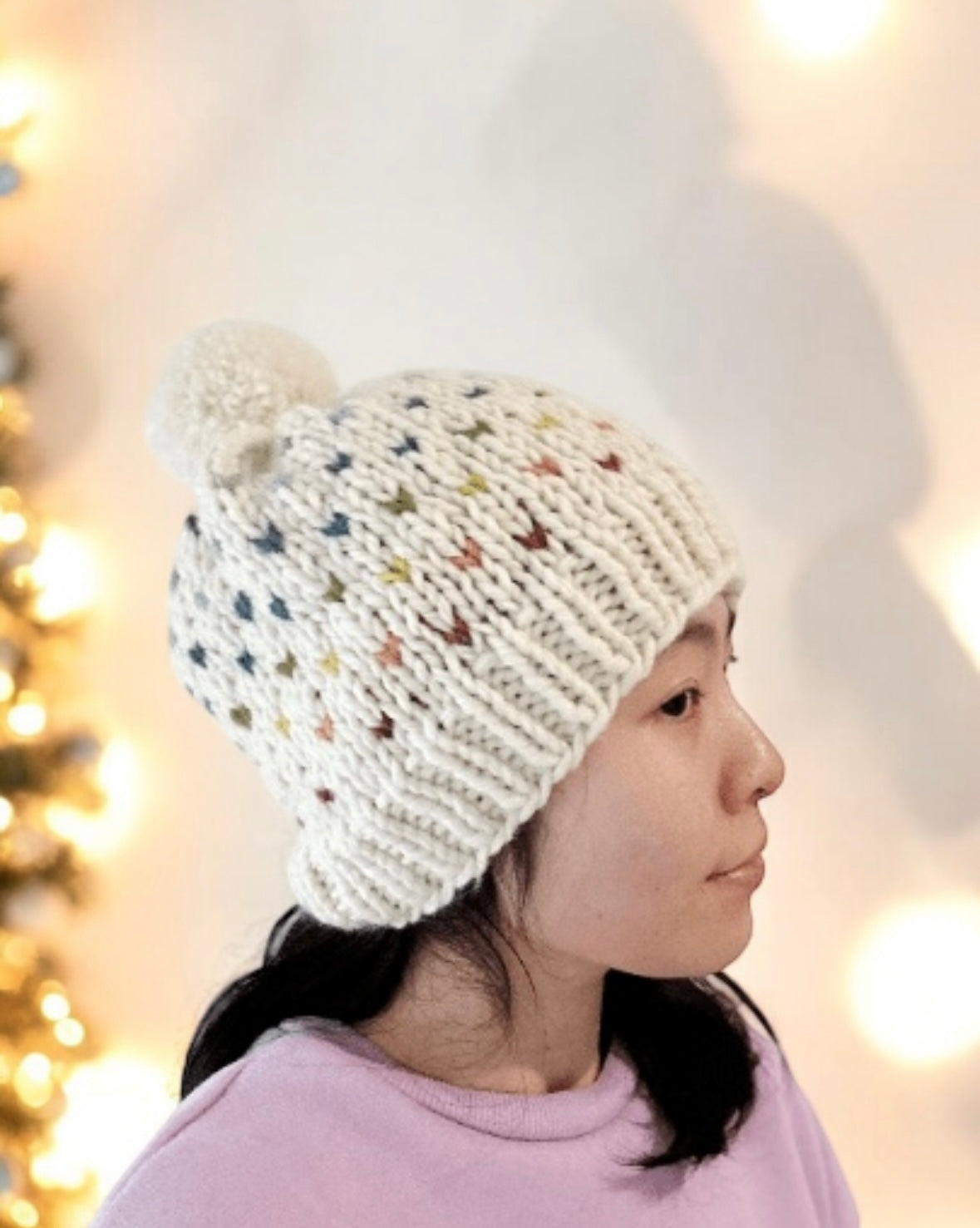 Handknit colourful dots pompom Beanie | rainbow candy colour hat | chuncky white beanie | Colour of Autumn season