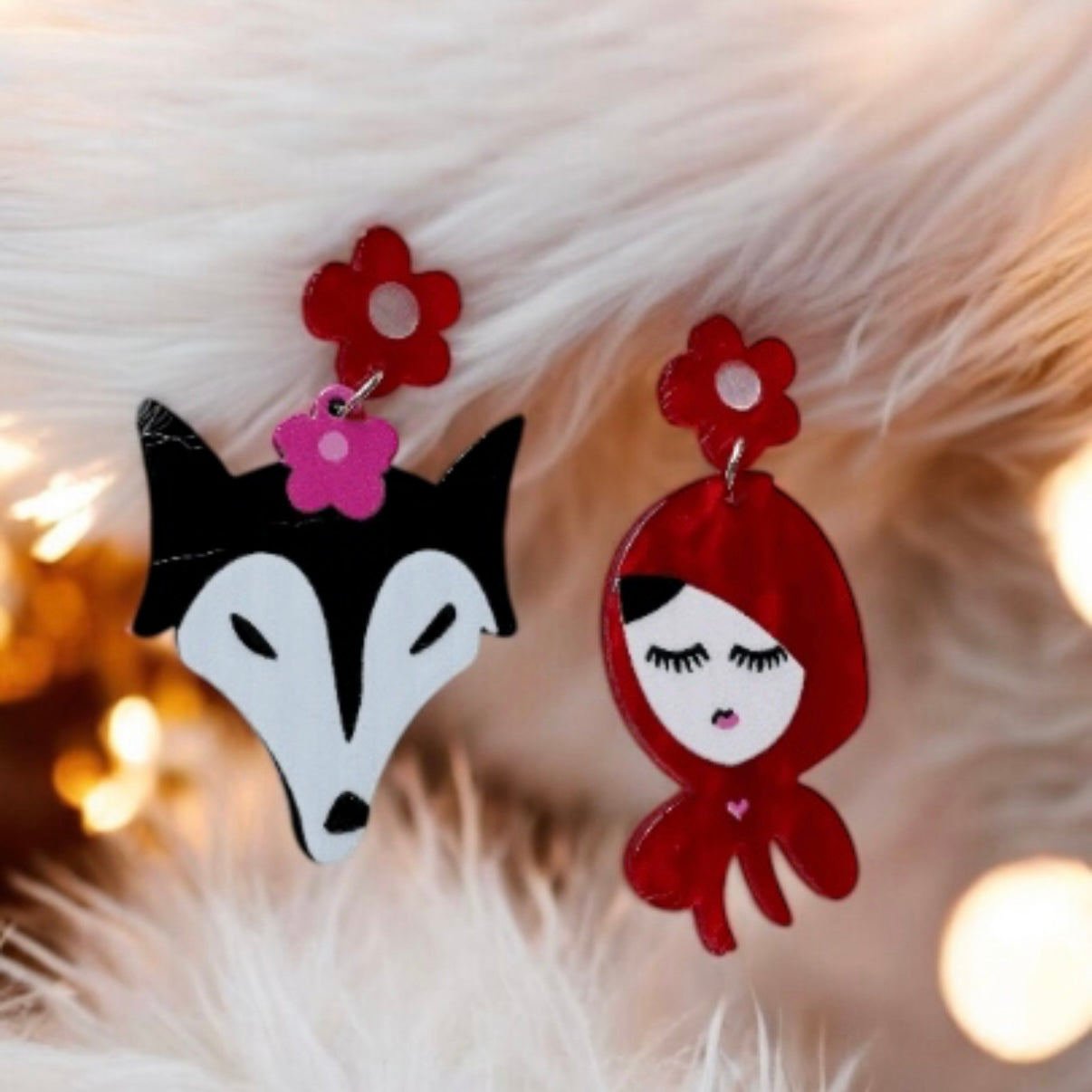 Red riding hood & fox earrings | Giltter dangle earrings | fun pop earrings | cut cartoon cat love earrings