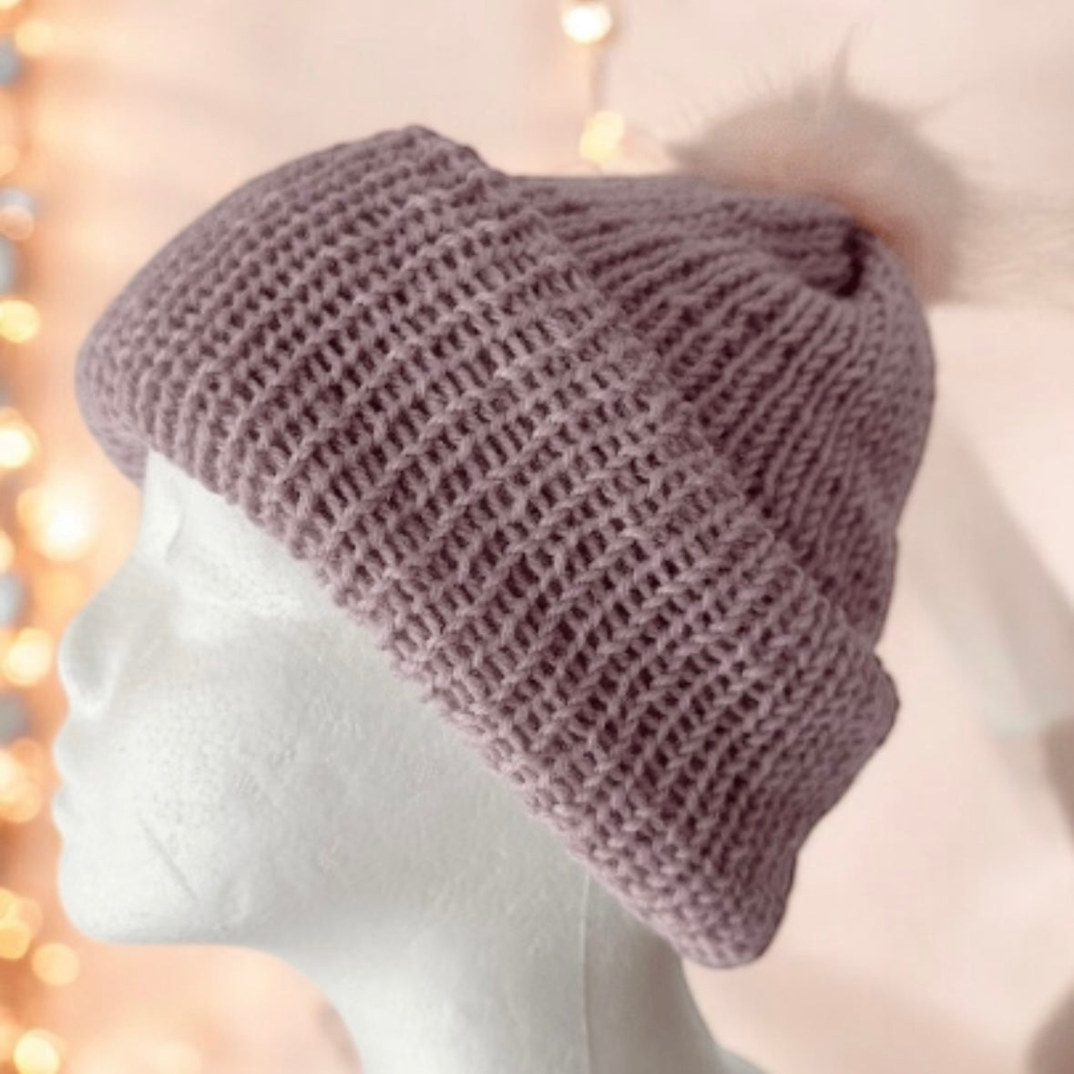 Handmade Double layered Knit beanie with faux fur pompom | Fur Pom Pom hat | Winter Knit Hat | Australian wool dusty light purple hat