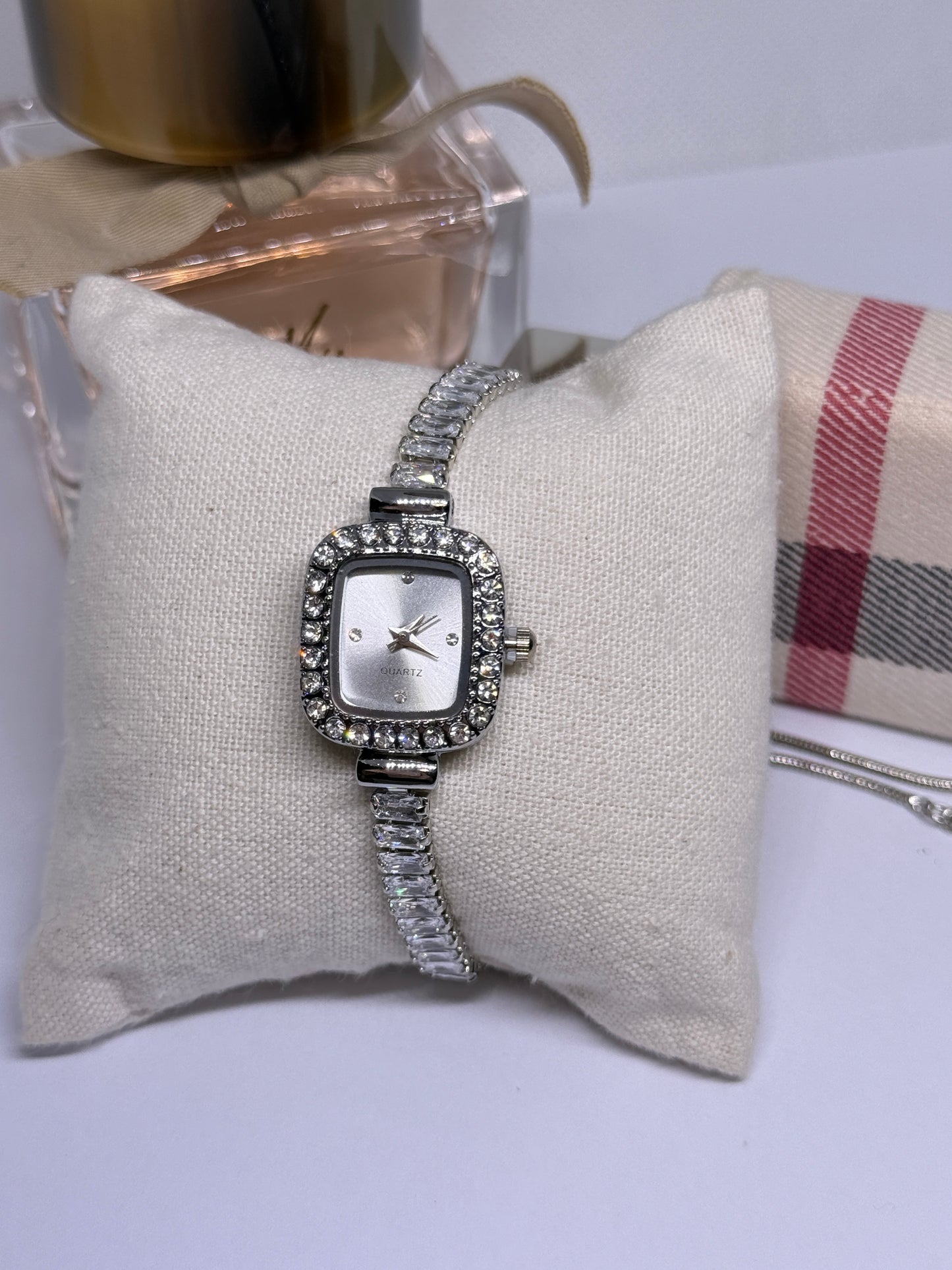 Silver tone rhinestone bracelet watch