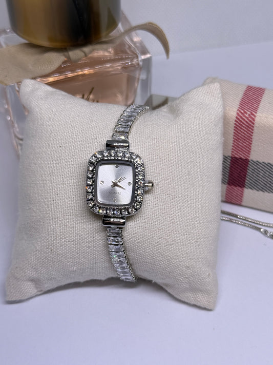 Silver tone rhinestone bracelet watch
