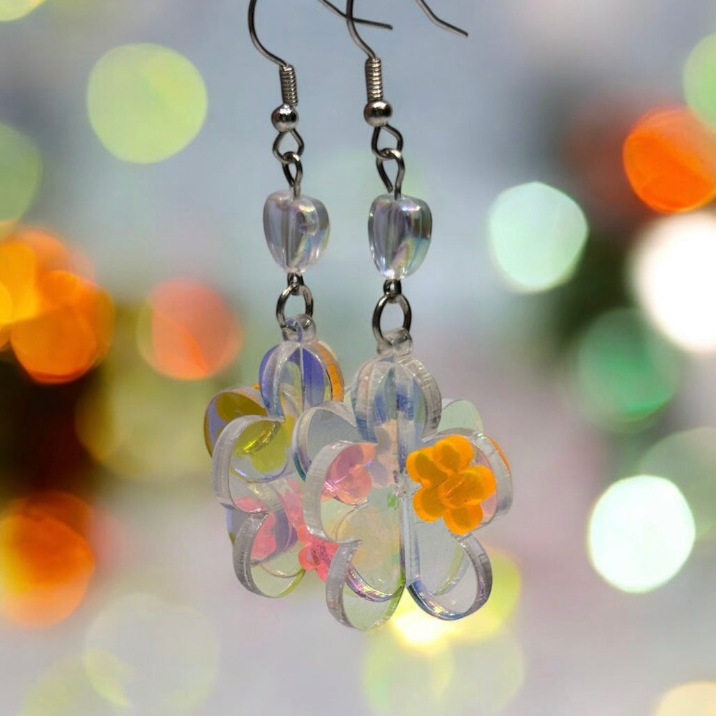 Dangle 3D flower earrings | fun floral earrings | colourful clear iridescent dangle oversize earrings | hologram fun earrings